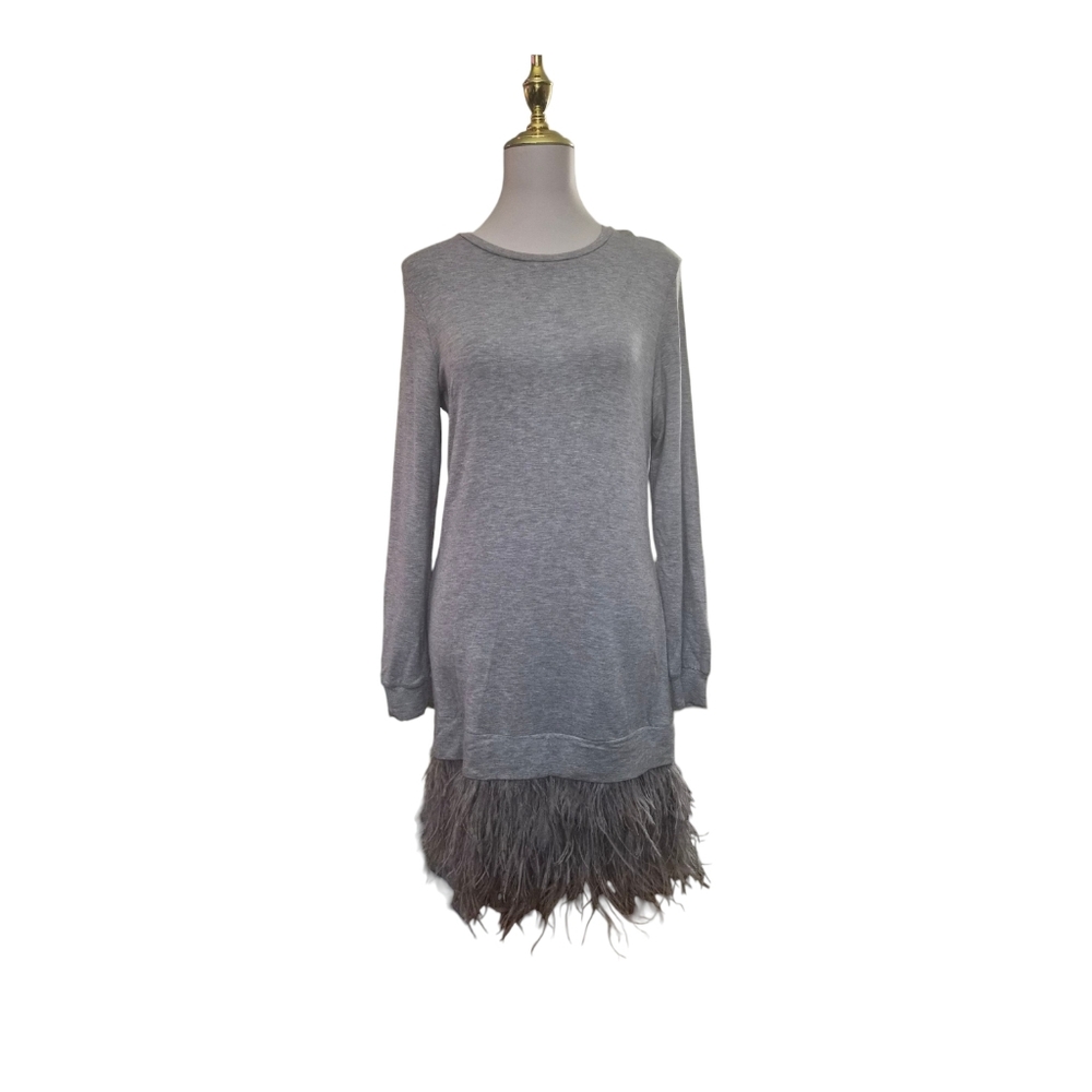 Haute Hippie Feather Hem Sweatshirt Dress Gray Long Sleeve Ostrich Feathers Sz M